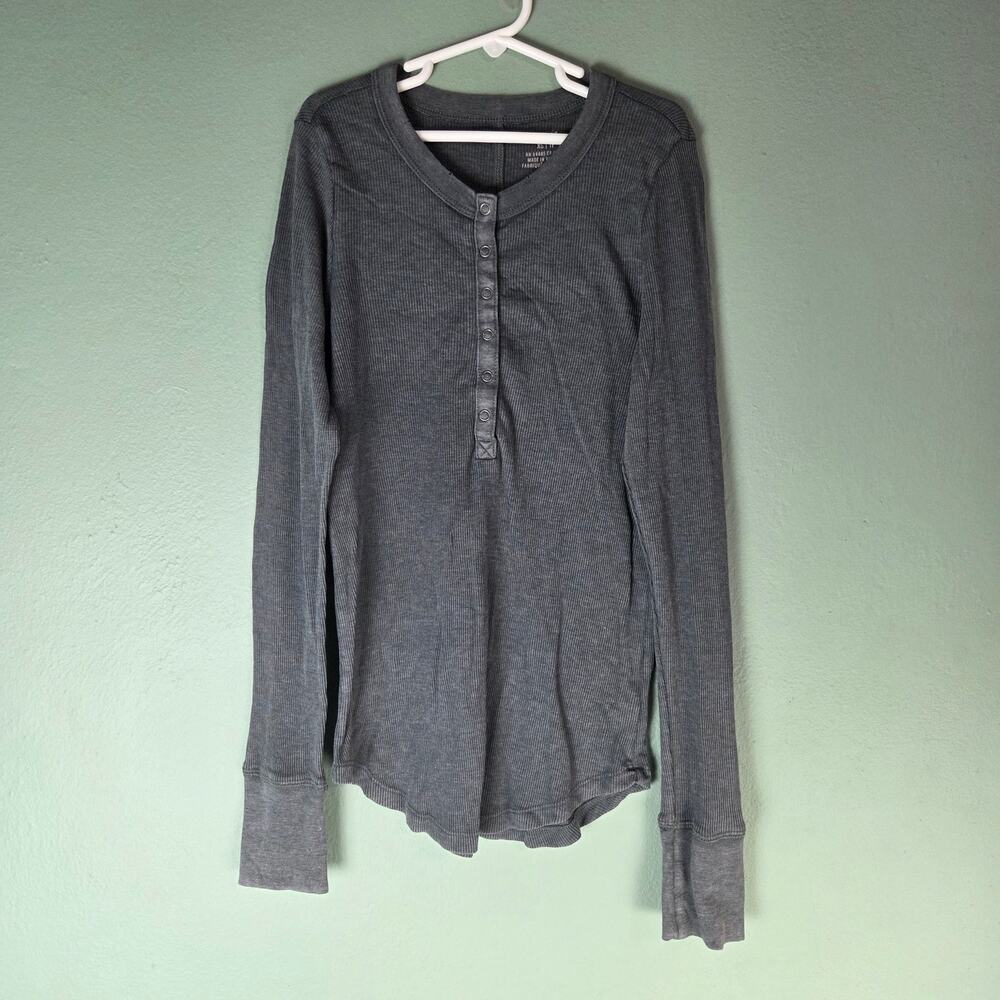 Aerie Womens Gray Distressed Ribbed Gray Henley Long Sleeve Tee Top XS Layering